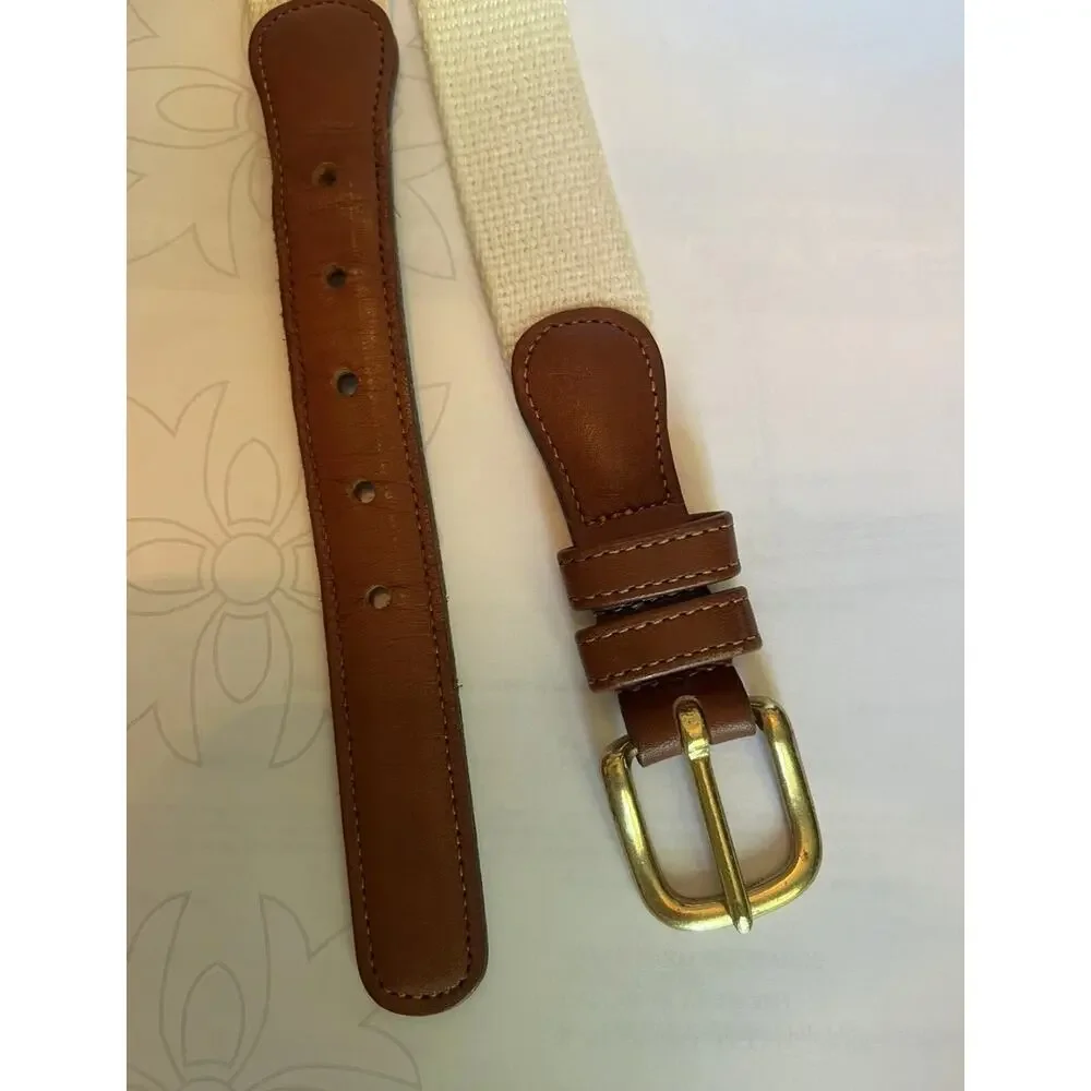Coach Linen British Tan Leather Belt White SZ 38 Vintage 3380 Boho Rare Preppy